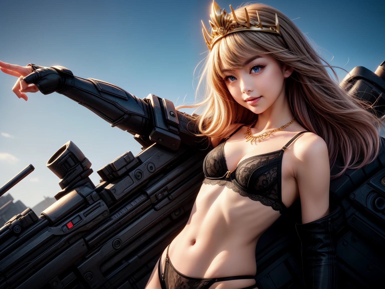 young army girl wearing very minimal armor with lace lingerie, covered with lace jacket. pink hair, blue eyes, giving battle aura, golden aura emitting, fighting pose, gold belly jewelry, in psydechelic battlefield, (lilymaymac:1.5), petite, flat chest, ((bodygold jewelry:1.1)), gold necklace, ((SFW:1.5)), kind smile, side view, tiara