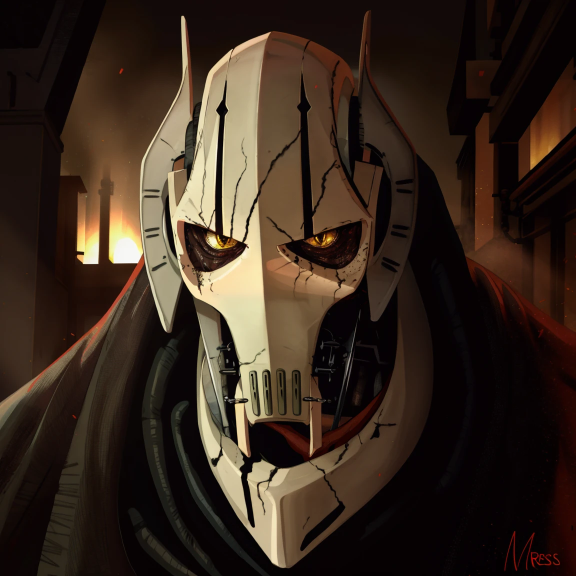General Grievous, black cape, terrifying, tall, shadows, shading, slender, horrifying pose, dark alley, bloody, dark, looking at you, horror
