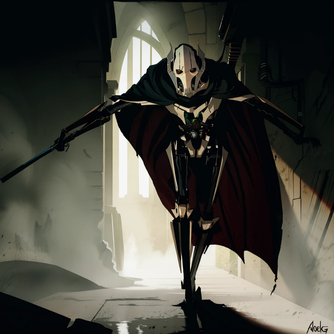 General Grievous, black cape, terrifying, tall, shadows, shading, slender, horrifying pose, dark alley, bloody, dark, looking at you, horror