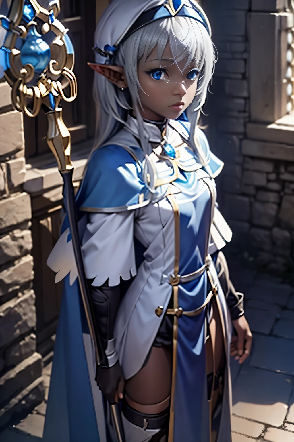 RPG game character, formidable cleric, dark skin, short straight black hair, small eyes, elf, silver tiara with a bright blue stone in the center, holding a magical healing scepter, priest outfit, light clothing with pastel shades of blue, golden chain adorning the neck,