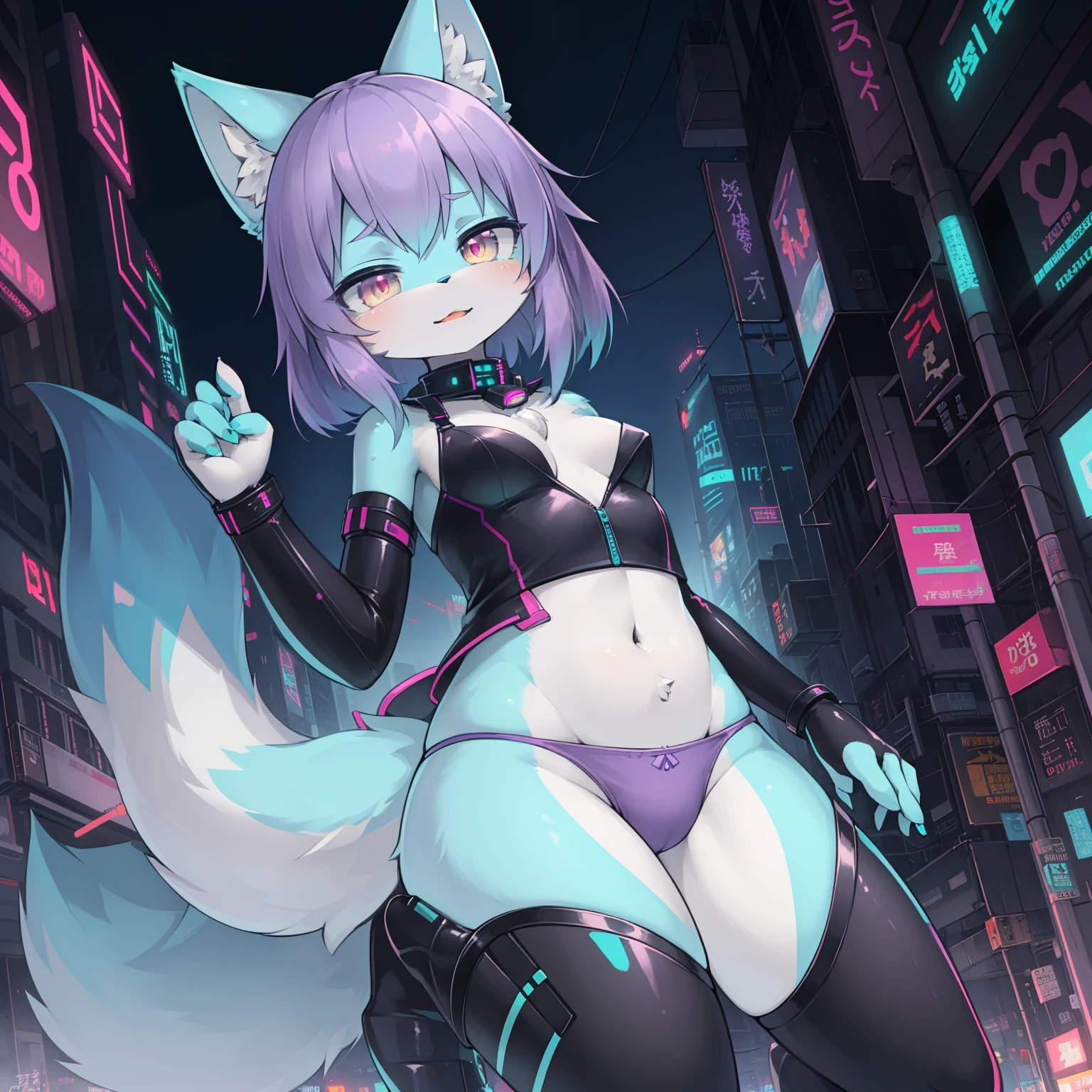 masterpiece, solo, 1girl, small breasts, Furry, kemono, furry fox, anthropomorphic, female, silver eyes, (cyan fur, cyan skin, purple hair), sexy cyberpunk clothes, panties, sci-fi city, uploaded on e621,