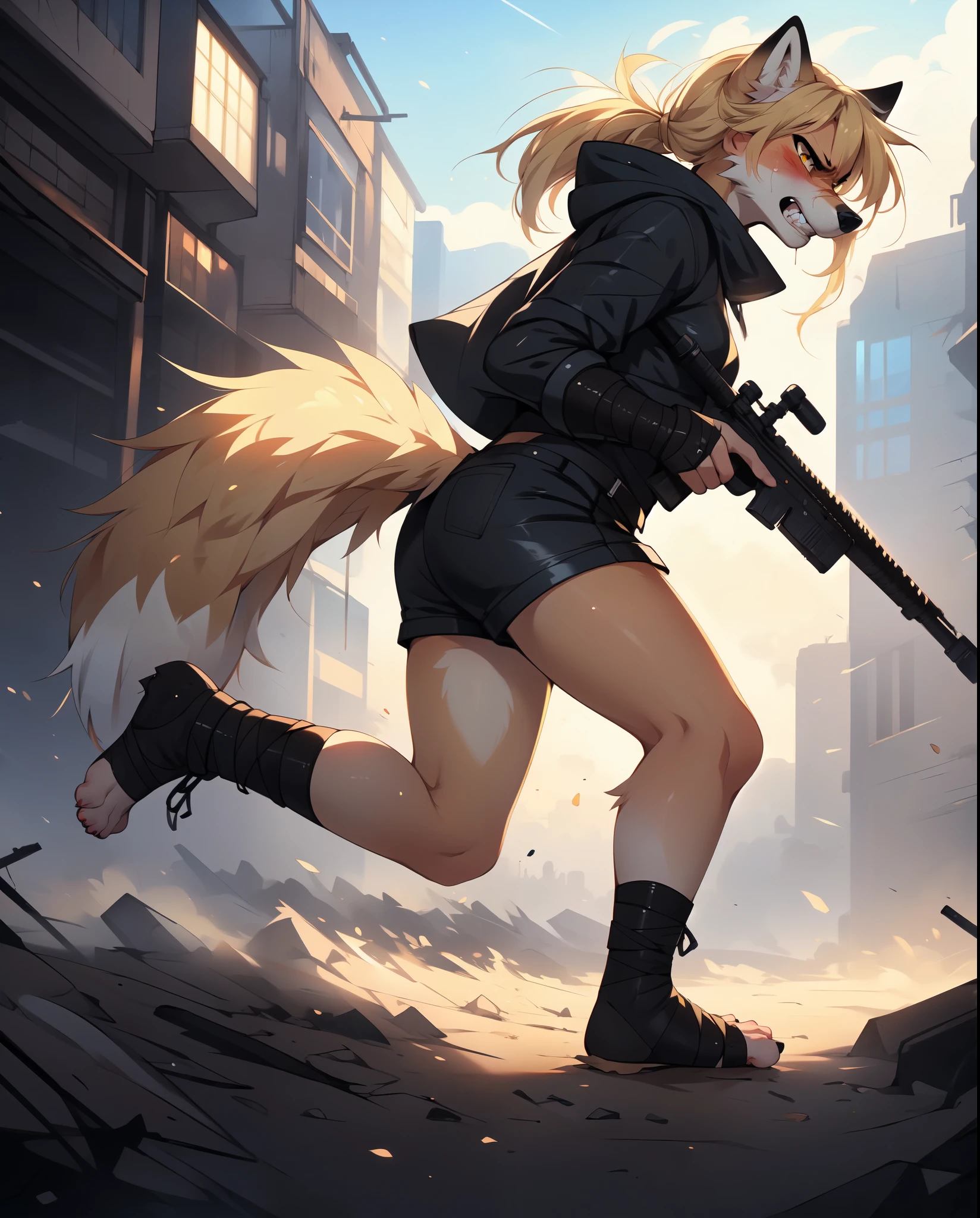 By fumiko, by hyattlen, by hioshiru, solo, tan fox girl, blonde hair, yellow eyes, cute snout, black nose, blonde fox tail, wearing brown cloak, leather armor top, leather short shorts, foot wraps, leather gauntlets, exposed fingers, feet wrapped in bandages, exposed toes, holding a sniper rifle with both hands BREAK in a post apocalyptic world, bullets whizzing past her, wide open scene, foggy, furrowed eyebrows, gritting teeth, angry, blood covering her face, injured, running, side view