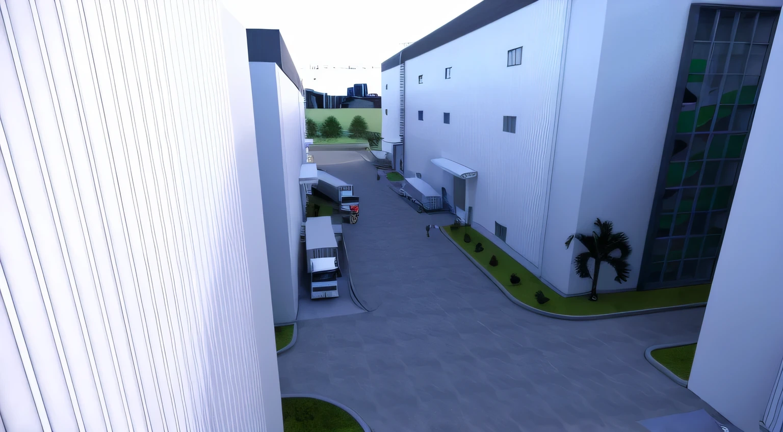 there are many trucks parked in front of a building, refrigerated storage facility, complex 3d render, complex 3 d render, realistic scene, semi - realistic render, exterior shot, 3d render”, 3 d renders, futuristic production facility, photo render, high detail render, digital rendering, final render, semi-realistic, 3d finalrender, semi - realistic