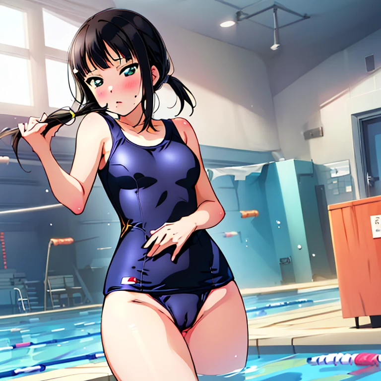 best quality, very aesthetic, Super detailed, best illustration, nsfｗ, pussy focus, 1girl, おっぱい, aroused, black_hair, school swim suit