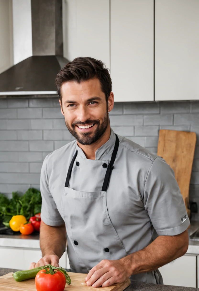 30 year old handsome man，He is an instructor，In the kitchen