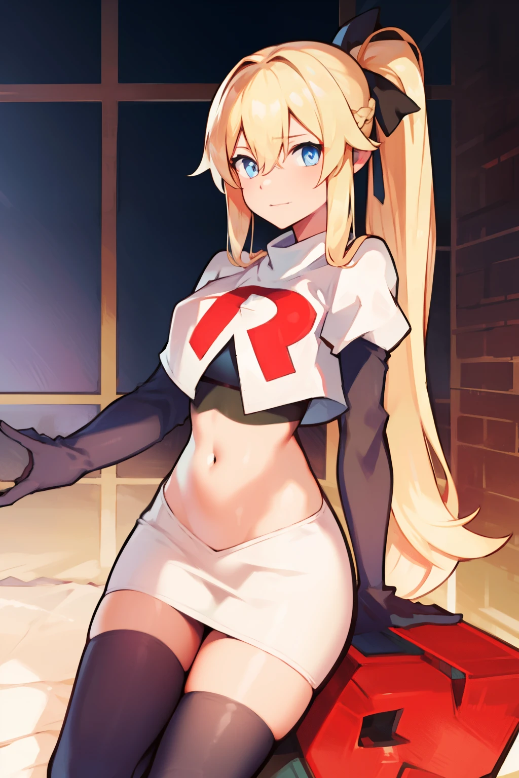 absurdres, highres, (official art, beautiful and aesthetic:1.2), ultra detail, beautiful person, bangs, blue eyes, blonde hair, long hair, hair between eyes, ponytail,
gloves, bow, hair between eyes, ponytail, hair bow, sidelocks, jean \(genshin impact\),
team rocket,team rocket uniform,white skirt,red letter R,crop top,black thigh-highs,black elbow gloves,