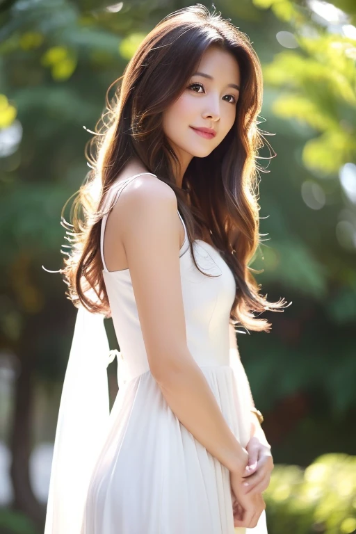white dress Female in her late 40s long hair Beautiful