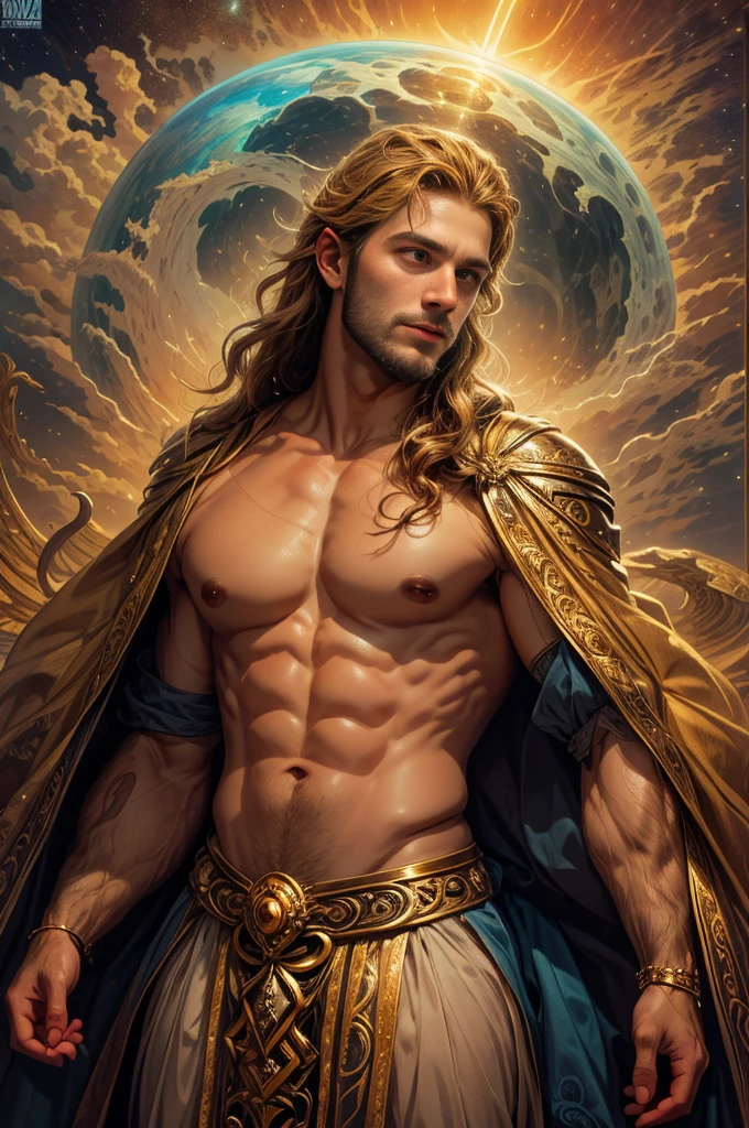 um retrato de(( um homem )) com barba, ((pernas musculosas)), ((peitoral forte e largo))in high definition, em 8K de ((um homem)) de 18 anos, (( Homem)), Deus do Mar, Deus do Oceano, Luthien, arte de deus, Deus da mitologia grega, Deus da Lua, Deus do amor e da paz, deus bonito, Mitologia do Deus da Terra, o deus Eros, Um retrato impressionante de um deus, Frank Kelly Freas, Estilo Karol Bak, ((beautiful face)), Ultra Definition, melhor qualidade, 32k ultra , Ultra HD