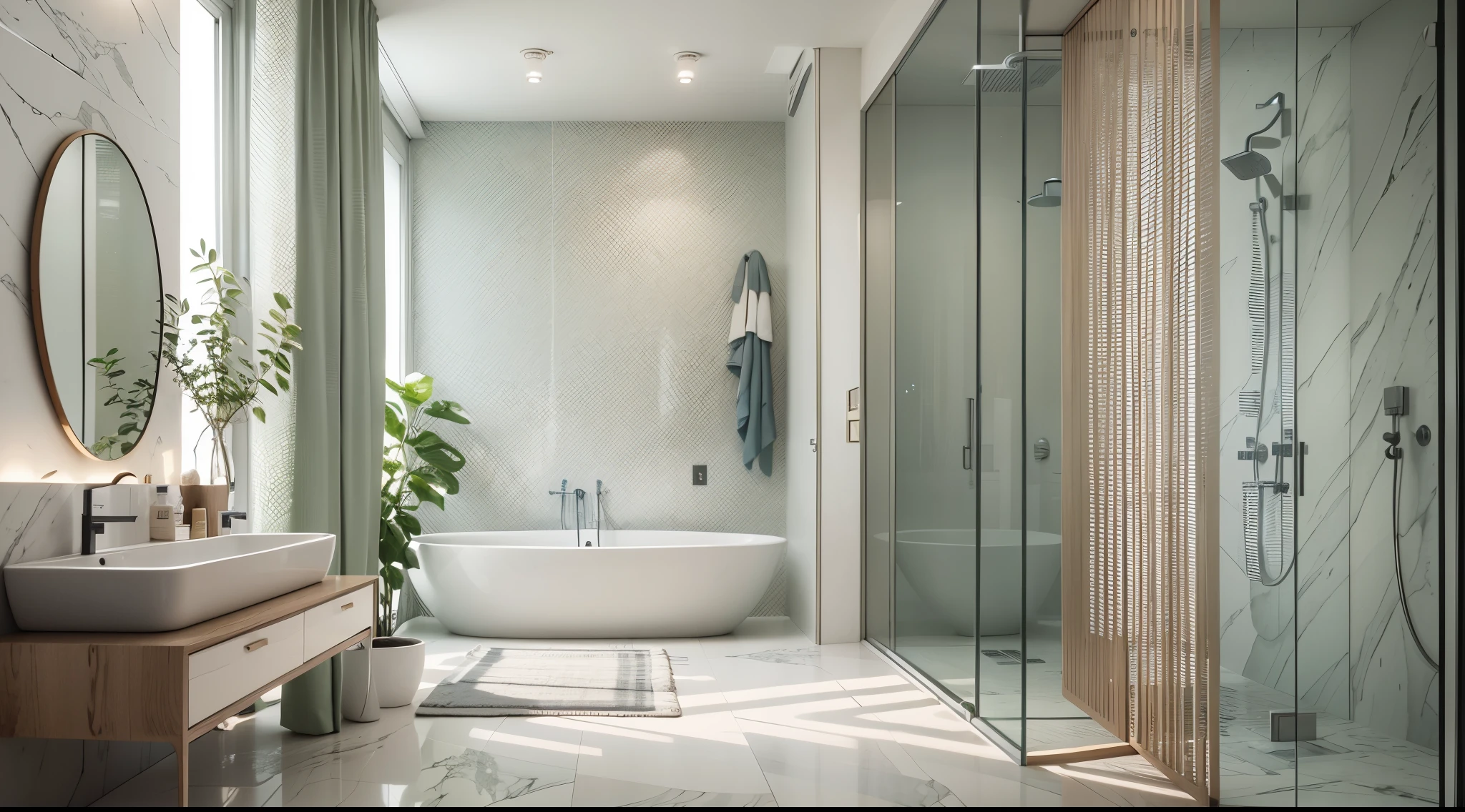 Minimalist bathroom,Bright light,an award winning masterpiece,tinas,Product advertising floor plan,highly detailed,Harper's Bazaar art,fashion magazine,fluency,Clear focus,8K,rendering by octane,Front view,planar,