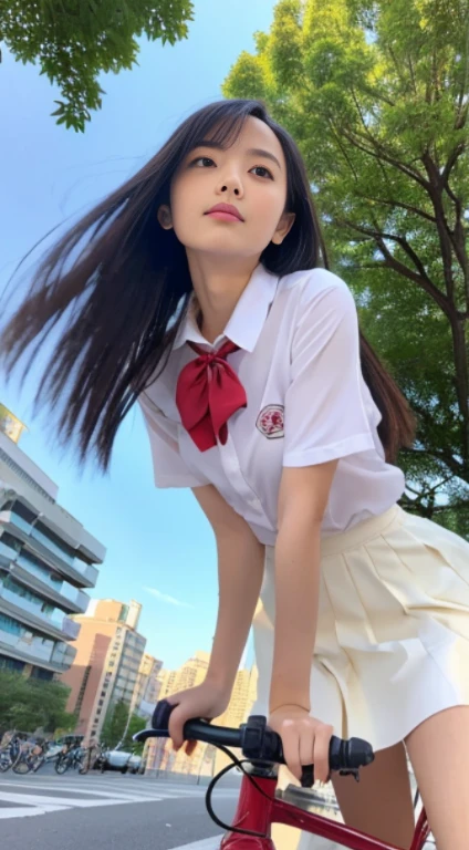 8k,masterpiece,Japanese,,from the front,Innocent face,Real and actual Japanese junior high school uniforms, semi-long,noon,bright,Cherry tree,Very large breasts,Big Breasts,I can see my white underwear from the bottom of my skirt., Taken at the best angle