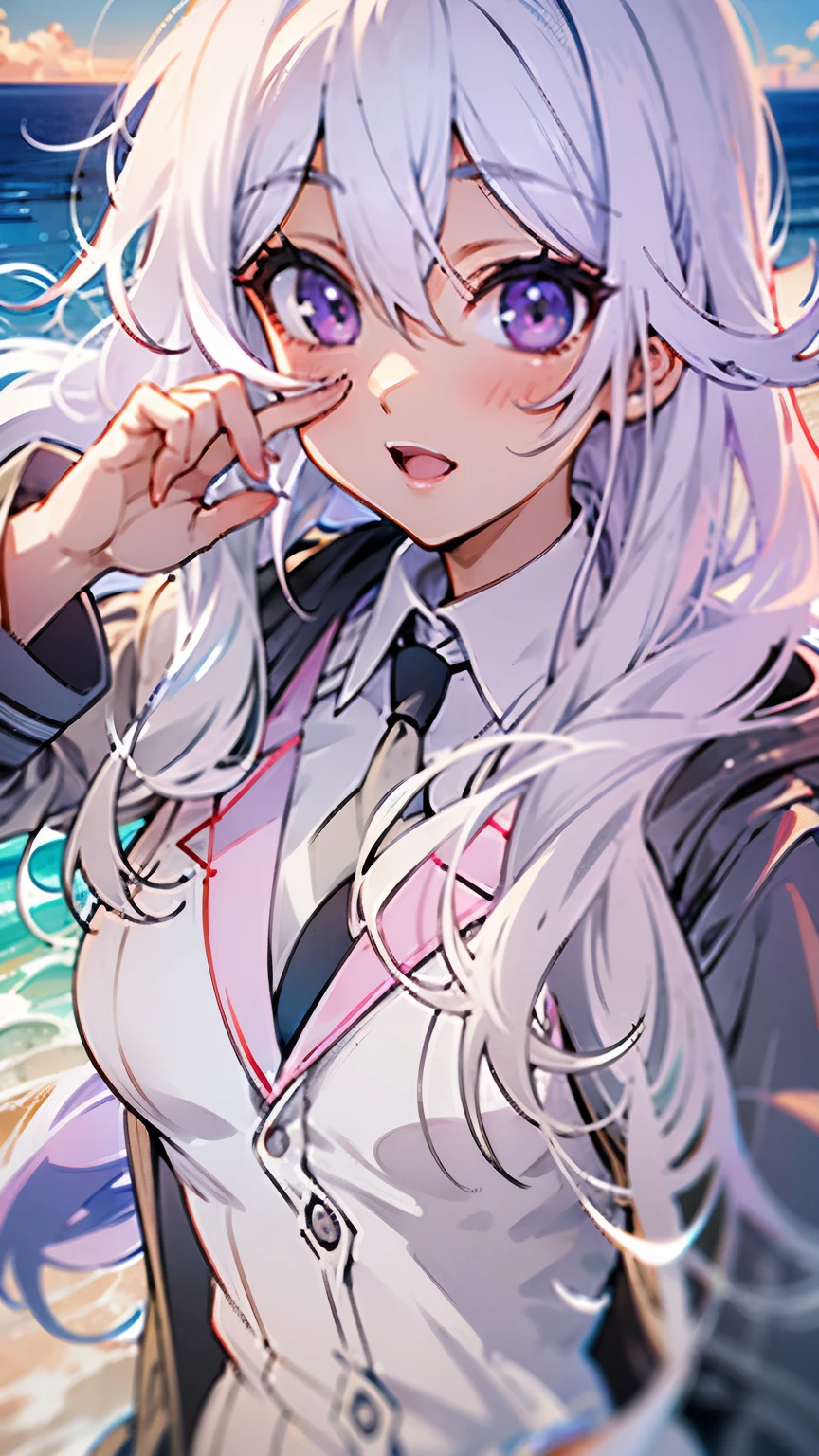 beach，seaside，Sunset，long white hair，purple eyes，White coat，black pleated skirt，8K resolution，（（face close-up）），anime, high quality