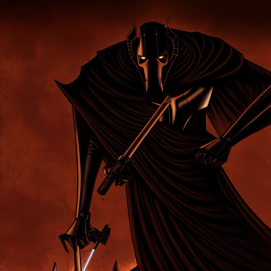 General Grievous, black cape, terrifying, tall, shadows, shading, slender, horrifying pose, dark alley, bloody, dark, looking at you, horror