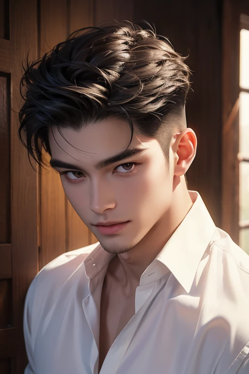 ((High quality)), ((masterpiece)), ((highly detailed)), perfect face, realistic, ((man)), ((Asian)), full body, young, 20 years old, black hair, comma hair cut style, ((handsome)), detailed eyes, beautiful detailed nose, realistic body, realistic light, comfortable expressions, cute guy, sweat guy, cool guy, young, muscular body, white shirt, sexy, hot, smile
