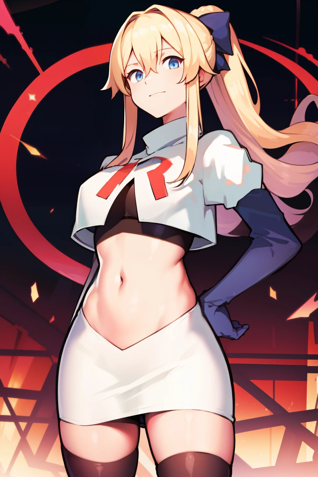 absurdres, highres, (official art, beautiful and aesthetic:1.2), ultra detail, beautiful person, bangs, blue eyes, blonde hair, long hair, hair between eyes, ponytail,
gloves, bow, hair between eyes, ponytail, hair bow, sidelocks, jean \(genshin impact\),
team rocket,team rocket uniform,white skirt,red letter R,crop top,black thigh-highs,black elbow gloves,