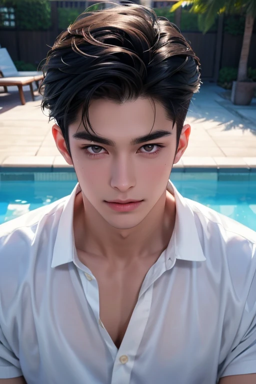((High quality)), ((masterpiece)), ((highly detailed)), perfect face, realistic, ((man)), ((Asian)), full body, young, 20 years old, black hair, comma hair cut style, ((handsome)), detailed eyes, beautiful detailed nose, realistic body, realistic light, comfortable expressions, cute guy, sweat guy, cool guy, young, muscular body, white shirt, sexy, hot, smile, pool, water
