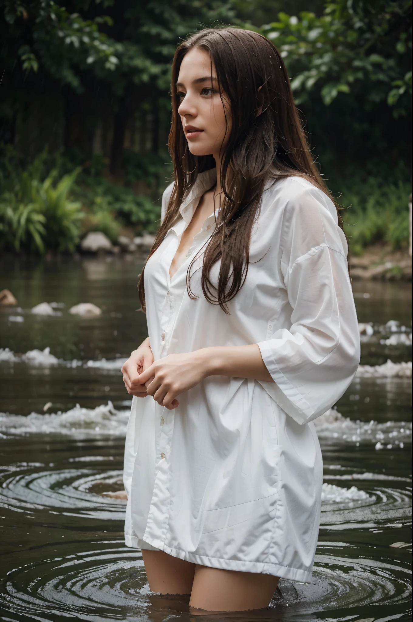 beautiful woman with long hair, playing in the river, heavy rain, thin white clothes, photorealistic, complicated, detailed, hd, 18k
