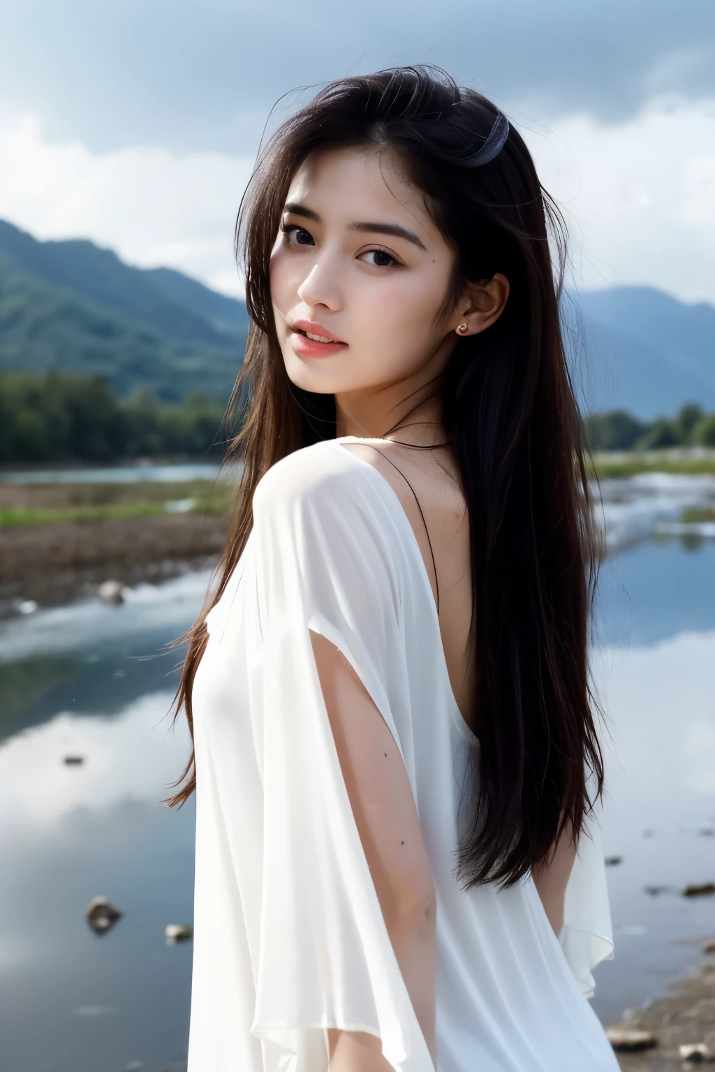 beautiful woman with long hair, playing in the river, heavy rain, thin white clothes, photorealistic, complicated, detailed, hd, 18k