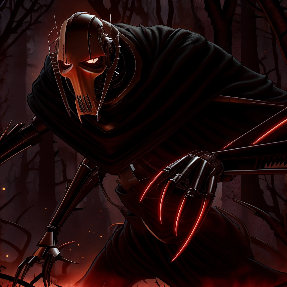 General Grievous, black cape, terrifying, tall, shadows, shading, slender, horrifying pose, dark alley, bloody, dark, looking at you, horror, blood stains, cruel