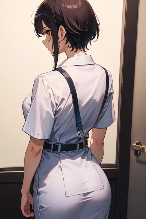 sundress long sleeve white dress girl muscular thick black hair yellow eyes pale skin from behind