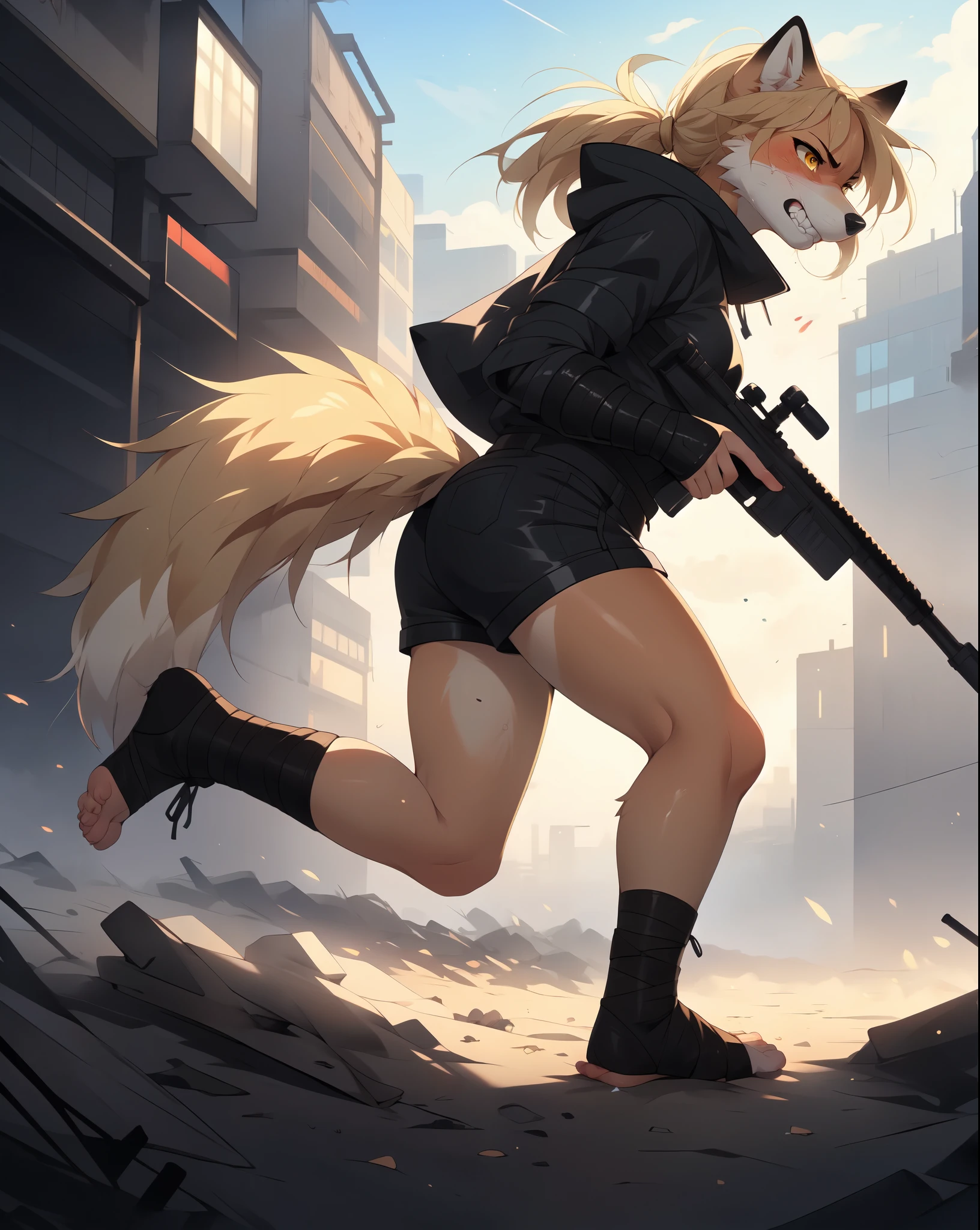 By fumiko, by hyattlen, by hioshiru, solo, tan fox girl, blonde hair, yellow eyes, cute snout, black nose, blonde fox tail, wearing brown cloak, leather armor top, leather short shorts, foot wraps, leather gauntlets, exposed fingers, feet wrapped in bandages, exposed toes, holding a sniper rifle with both hands   BREAK     in a post apocalyptic world, bullets whizzing past her, wide open scene, foggy, furrowed eyebrows, gritting teeth, angry, blood covering her face, injured, running, side view 