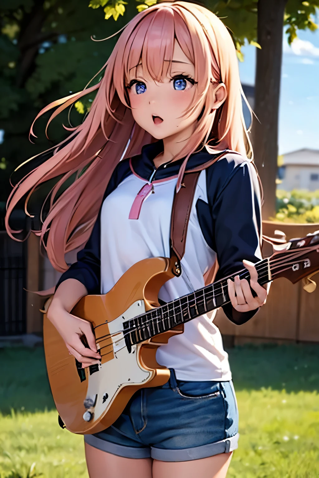 Anime girl with long pink hair holding a guitar in a yard - SeaArt AI