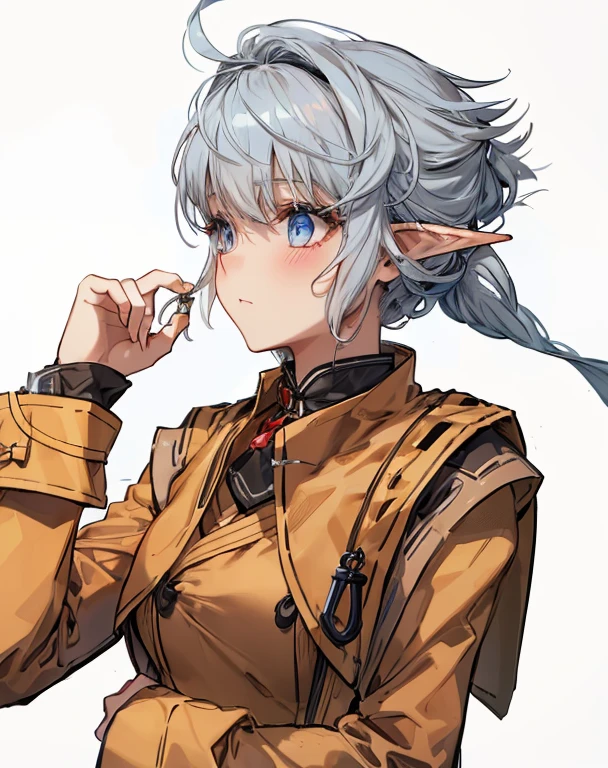Girl with gray white hair with tie and dark blue eye glowing looking at side view and brown formal attire and red keychain with breast C cup while holding her hair part in front with elf wear blushing