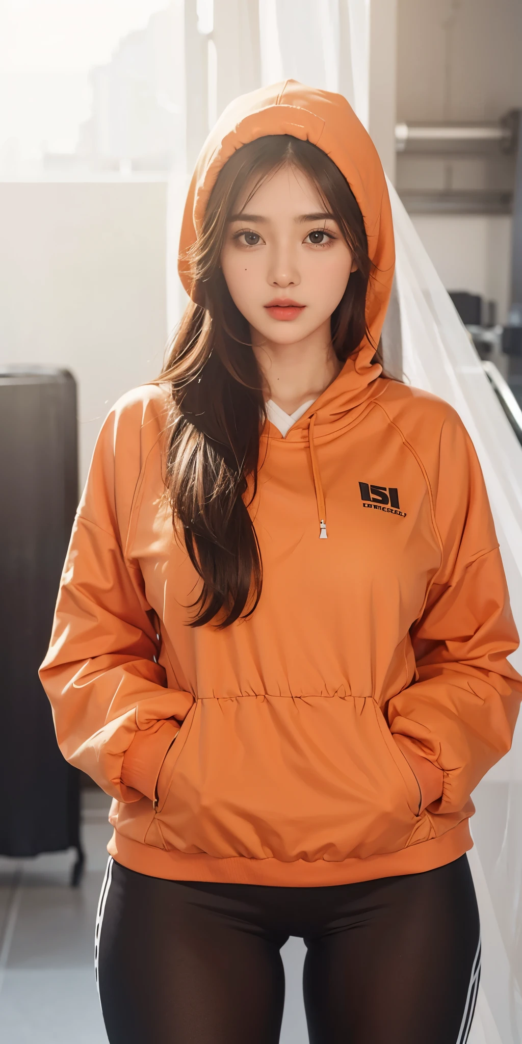 1girl,big breast , brown hair, black eyes,high quality, ultra detailed, masterpiece, realistic,sport clothes