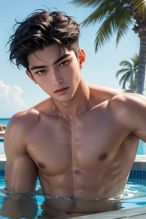 ((High quality)), ((masterpiece)), ((highly detailed)), perfect face, realistic, ((man)), ((Asian)), full body, young, 20 years old, black hair, comma hair cut style, ((handsome)), detailed eyes, beautiful detailed nose, realistic body, realistic light, comfortable expressions, cute guy, sweat guy, cool guy, young, muscular body, sexy, hot, pool, water