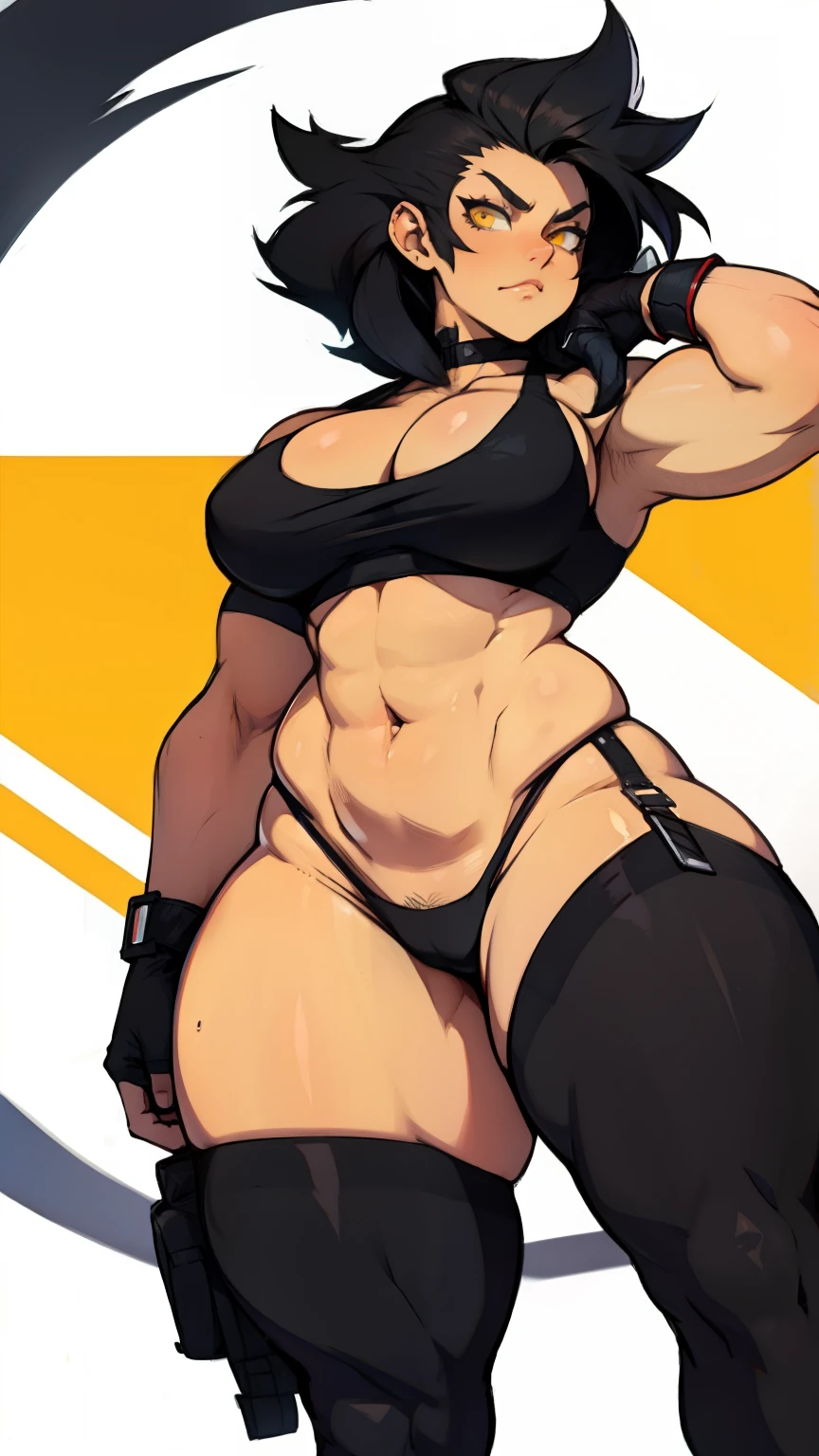 muscular girl breasts thick black hair yellow eyes pale sad