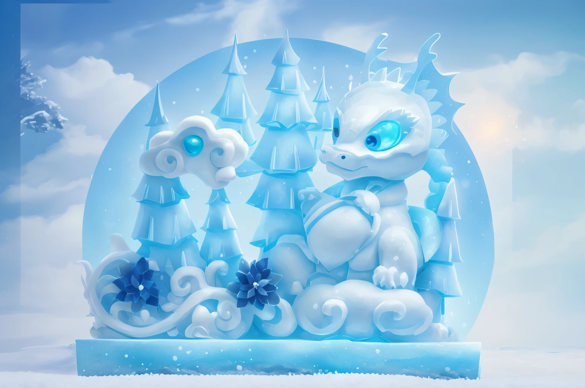 Snow sculptures，dragon made of snow，There is a cartoon character inside, Frost Dragon, A cute little white dragon, White scales. playing in the snow, ice cold苔原背景, winter scene fantasy, Crystal Dragon, Lengxue, Only snow my background, In Baiyun Wonderland, a dragon made of clouds, ice cold, snowball, winter concept art, Cute little dragon