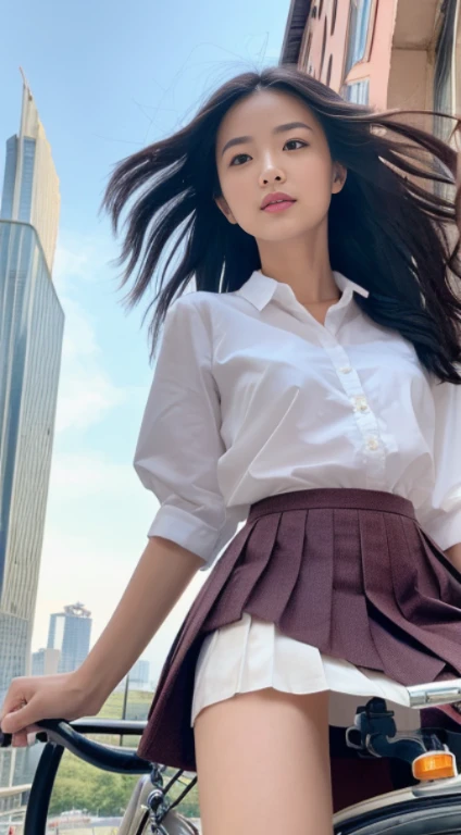 software, (1.woman, alone),8K, ((table top)),(((highest quality))),((Super detailed)),((((realistic)))), Photoreal:1.37, (超realistic), (High resolution), (very detailed), (best illustrations), (Super detailed), (detailed face), (beautiful expression), ((詳細 highest qualityのスキン:1.2)), ((moisturized skin)), ((reddish blush)), (非常にdetailed background, detailed background), ((low angle photo:1.3)),((from below:1.4)), Looking ahead, 自転車に乗り爽やかな笑顔を見せるwoman,Standing and riding a bike、 ((The wind blew my skirt up and I could see my panties.....:1.4)), ((Naked schoolgirl uniform:1.4、mini pleated skirt)), Sexy lace white panties, If you spread your legs a little, I can see the base of my crotch..., Beautiful city streets, (Low angle shooting), Hold the steering wheel and pose, ((Photographed from the front wheel side of the bicycle)),