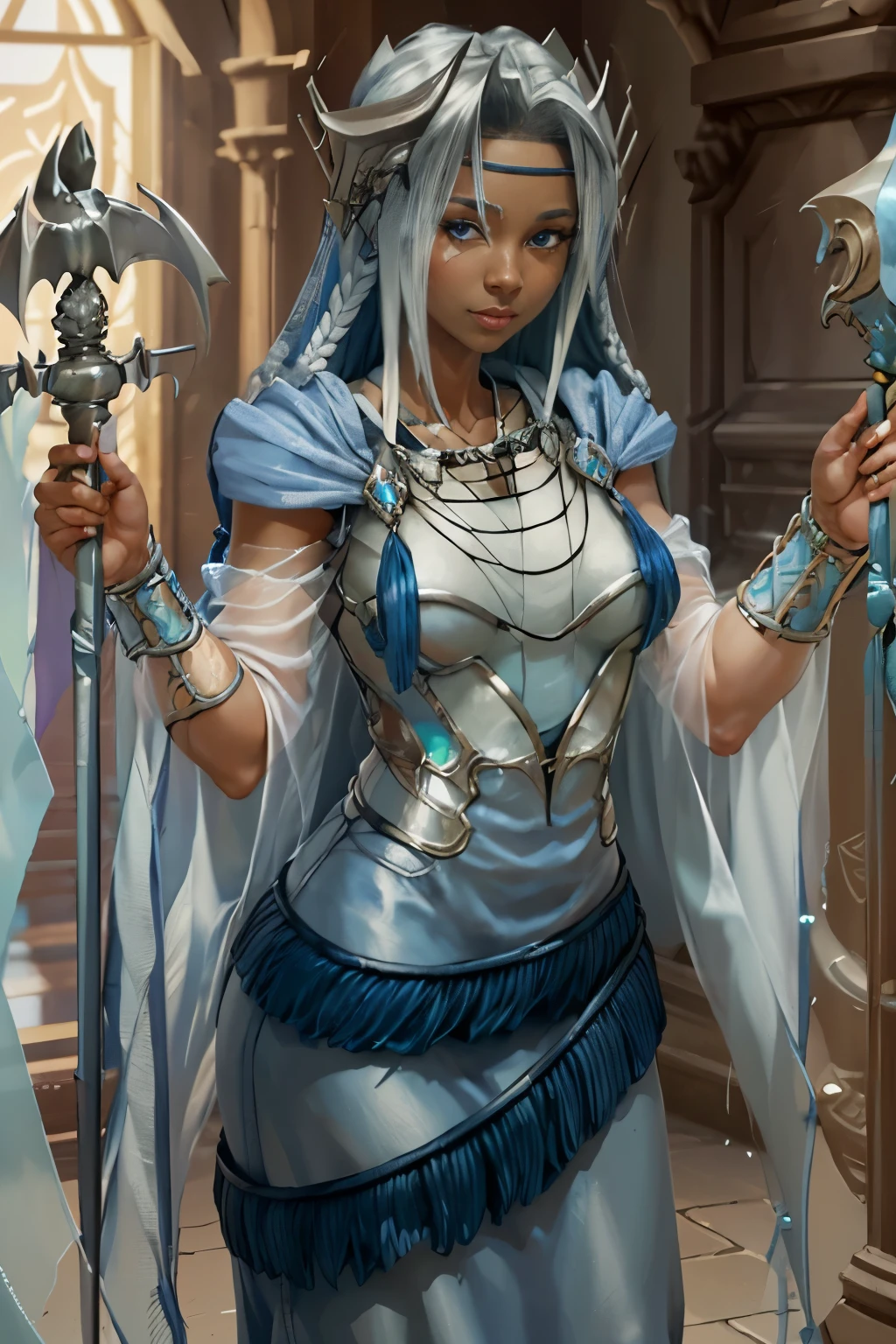 RPG game character, formidable cleric, dark skin, short straight black hair, small eyes, elf, silver tiara with a bright blue stone in the center, holding a magical healing scepter, priest outfit, light clothing with pastel shades of blue, golden chain adorning the neck,