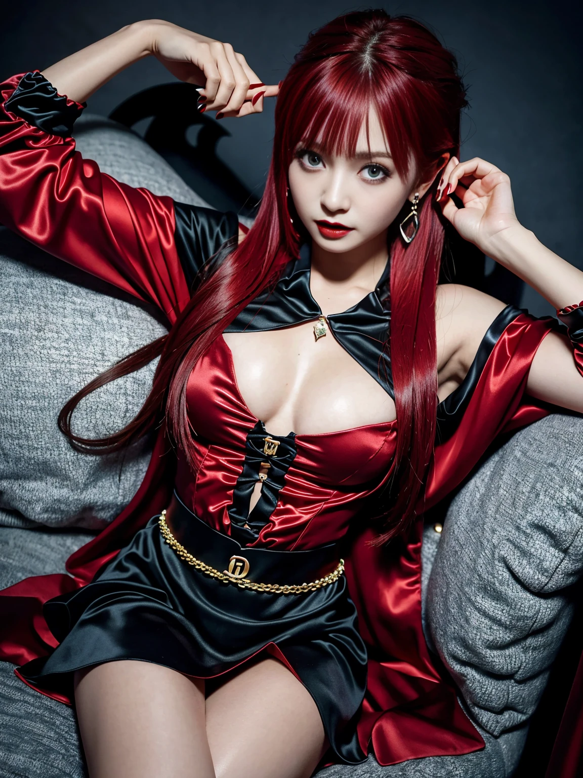 (photo realistic1.2),ultra detailed,(8K),(1girl),(Fantasy:1.5),(Vampire Castle),(bed),(vampire costume:1.5),(fang:1.2),(Vampiric items:1.2)topless, (small nipples), (big breasts: 1.2),nude gravure, beautiful Japanese, clothes in disarray,dangling earrings,skirt,(from above),looking at viewer,(reaching out),(snicker),bust shot,(red hair),(straight hair),24years old,,red eyes