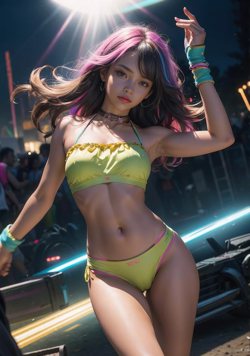 Bandeau, 1girl, rave festival, night, light rays, edc, rave, highres, lens flare, led, masterpiece, cinematic lighting, perfect skin, long vivid colorful hair, toned, cameltoe, breast focus, legs focus, lora:Bandeau-fC-V1:1