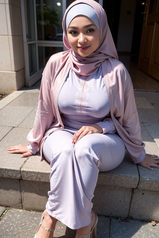 Best quality, high resolution, masterpiece: 1.3), a beautiful malay woman in hijab, big breasts, slim figure, sweatshirt, beautifully presented details in the street and facial and skin texture, detailed eyes, double eyelids, big eyeschest visible, shirt openfeatures), HDR, 8k resolution, nice fingers, firm skin, (((high detail skin, visible pores))), 1 female, tall body, sitting on the bed, 30 years old, big breasts: 1.4, wearing Floral Silk Tight Malay Gamis Pastel Close Up Tight Hijab, Full Body, Beautiful Shy Smile, Wearing High Heels, In L