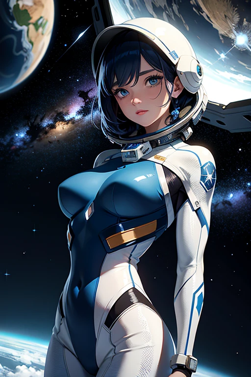 In this top-quality, ultra-detailed, 4k masterpiece, immerse yourself in the breathtaking sight of a woman in space. Floating gracefully in the vastness of the cosmos, the astronaut wears a futuristic suit that perfectly hugs her physique. Her helmet reflects the brilliance of distant stars, while Earth looms in the background, a mesmerizing blue jewel against the backdrop of the universe.
Every detail of her face is meticulously crafted, from her beautiful eyes that shine with determination and curiosity to her perfectly shaped lips that seem to whisper secrets of the cosmos. With long, delicate eyelashes that flutter in the weightless environment, her expression captures the awe and wonder of space exploration.
As she embarks on a spacewalk, the cosmic beauty unfolds around