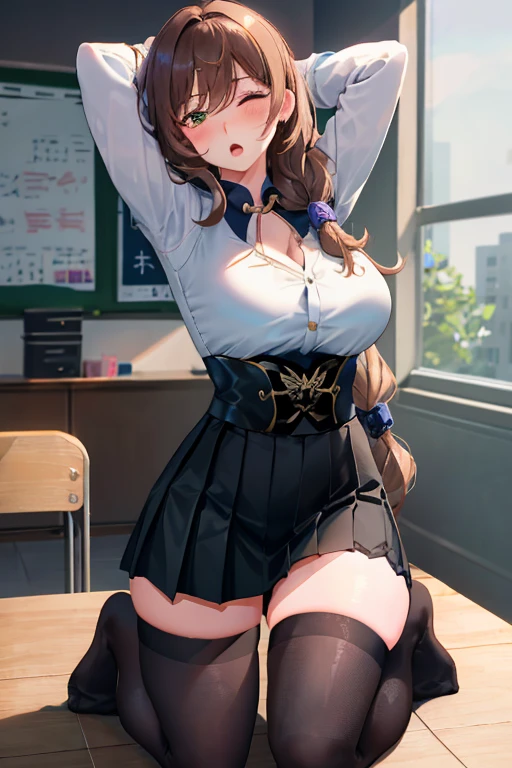 Lisa, genshin impact, 1 girl, alone, ((white shirt)), black Thighhighs, huge breasts, big breasts, cleavage, uniform, office background, black skirt, pleated skirt, office, hair between eyes, messy hair, big breasts, long hair, brown hair, red short nails, green eyes, alone, Thighhighs, thighs, very long hair, ((masterpiece)), classroom, Mechanical, Chair, board, class board, Teaching, blush, adult woman, Ecchi Woman, erotic woman, open your mouth a little, close your eyes, (kneeling pose), (Put your hands behind your head), Pose that shows off your armpits, raise your arms,