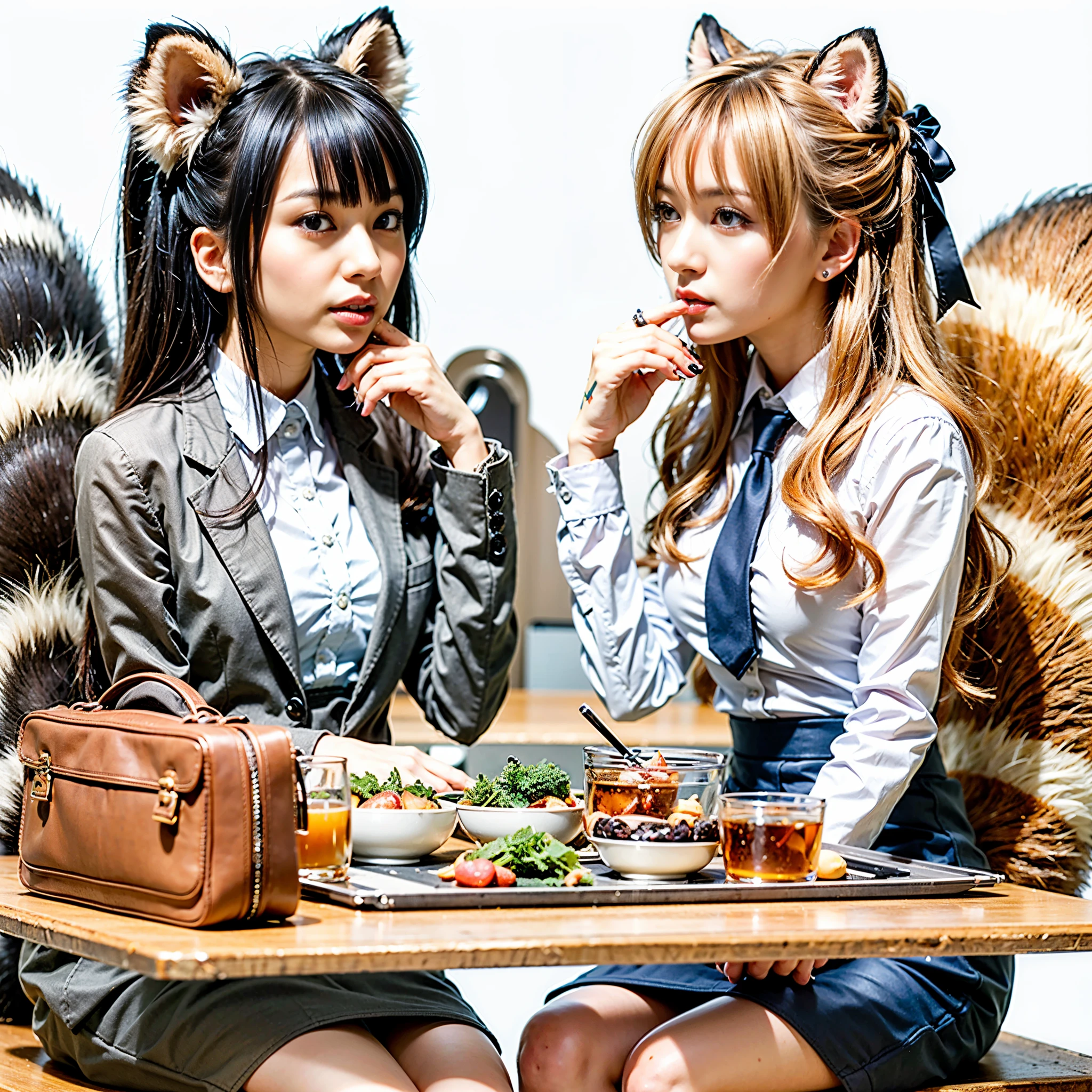 Image of two women sitting across from each other at a table holding raccoon tails, (software) safe for work, on pixiv, fur with tail, high qualityのファンアート, software version, coworkers, realistic style, , realistic style on pixiv, Highly detailed exquisite fan art, two beautiful girls, photograph, 最high quality, (Her miniskirt is flipped up and her tail is visible.:1.8) ,Reality, small breasts, slender, white panties,tail from above panties, Tail from inside the skirt, bushy tail, realistic tail, high floors in tokyo, flat chest, (software) safe for work, nffsw, retina, muste piece, Accurate, anatomically correct, rough skin, super detail, advanced details, high quality, 最high quality, High resolution, 1080p, 4k, 8K, The tail is sticking out from inside the skirt, long tail, A sloppy smile
