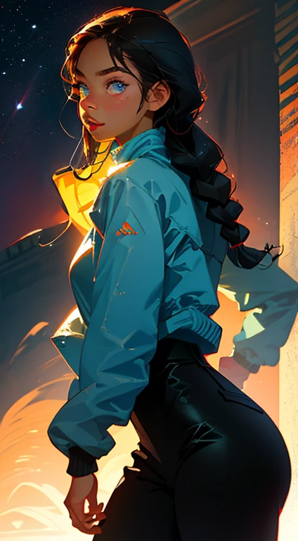 beautiful young woman, 2 long braids, thick bangs, dark hair, a lot of make-up, detailed eyes, detailed hair, detailed face, wearing round glasses, dark skin, portrait. face shot, long head, big nose, big lips, ebony skin, mischievous, blue eyes, wearing blue jacket, black pants and sneakers, half body view, slim girl, , standing up on a hill looking at the starry sky (natural skin textures、Hyper-Realism、Soft light、sharp)