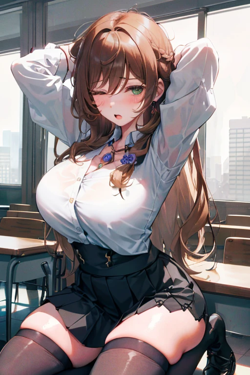 Lisa, genshin impact, 1 girl, alone, ((white shirt)), black Thighhighs, huge breasts, big breasts, cleavage, uniform, office background, black skirt, pleated skirt, office, hair between eyes, messy hair, big breasts, long hair, brown hair, red short nails, green eyes, alone, Thighhighs, thighs, very long hair, ((masterpiece)), classroom, Mechanical, Chair, board, class board, Teaching, blush, adult woman, Ecchi Woman, erotic woman, open your mouth a little, close your eyes, (kneeling pose), (Put your hands behind your head), Pose that shows off your armpits, raise your arms, stick out one's chest,