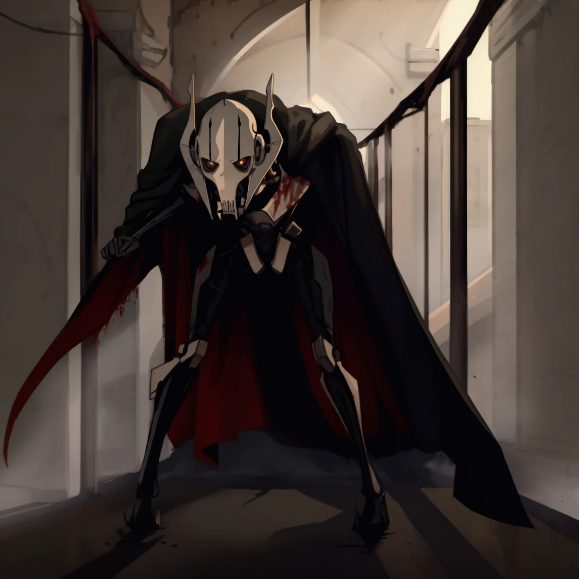 General Grievous, black cape, terrifying, tall, shadows, shading, slender, horrifying pose, dark alley, bloody, dark, looking at you, horror