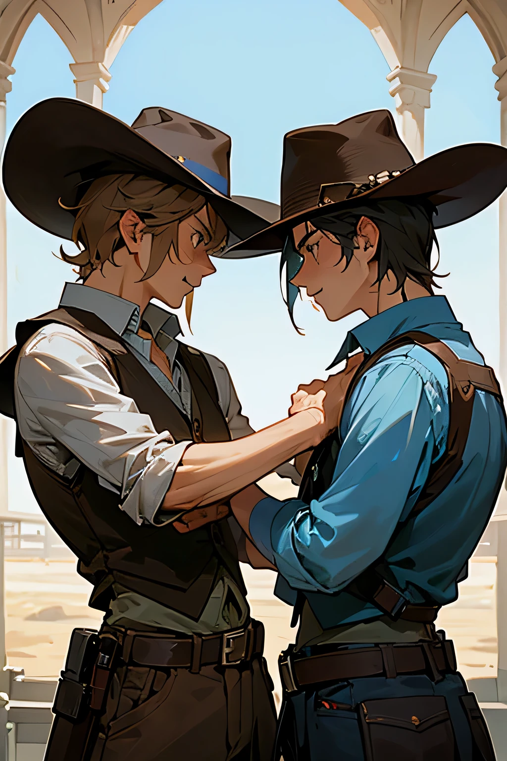 Two Cowboys Dueling, The Two are brothers, Ones wearing a brown vest and blue shirt his hat has a hole in it it is old and worn, the other looks like a farmer w, the image will be frow far away, They both have gunbelts, 