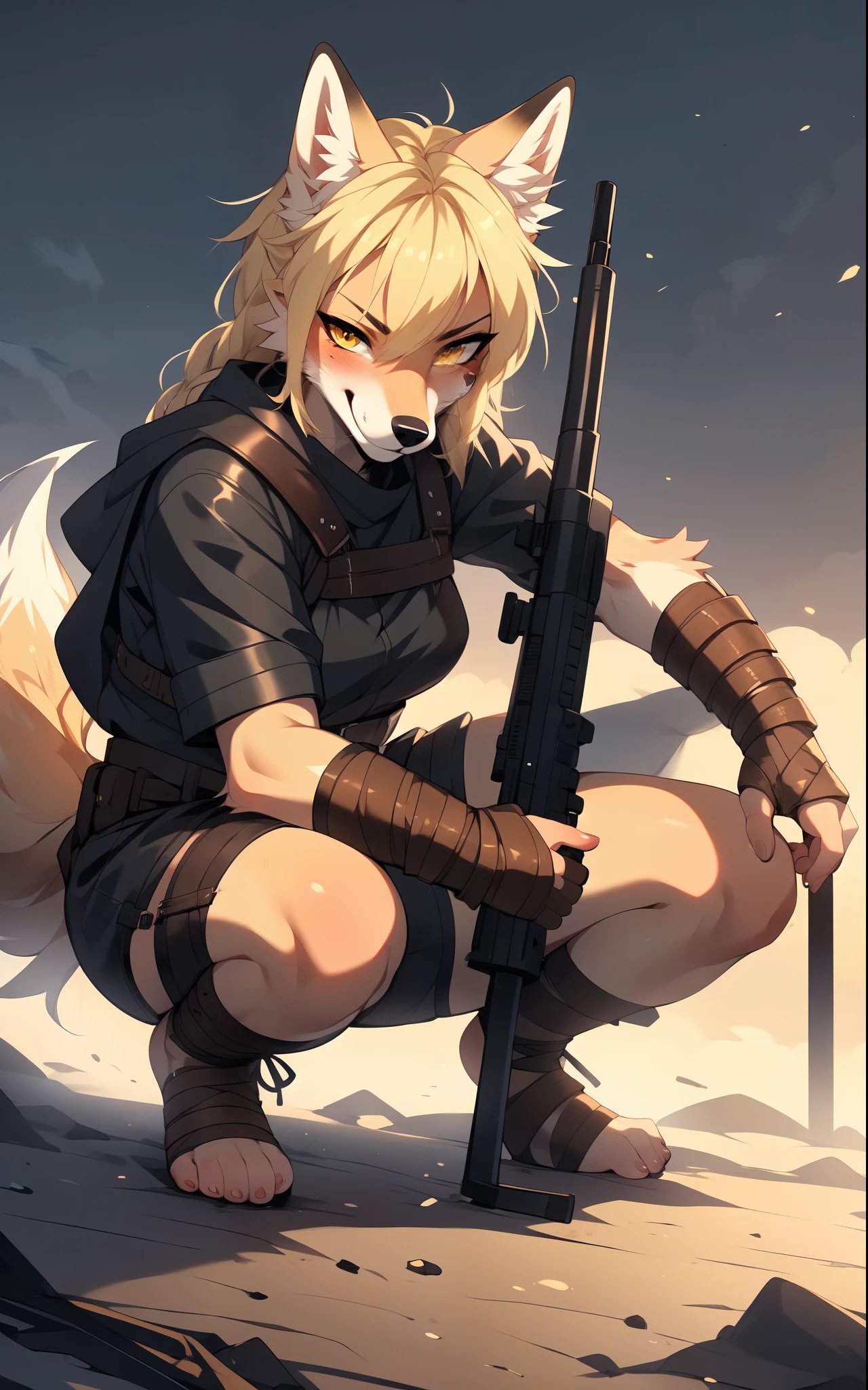 By fumiko, by hyattlen, by hioshiru, solo, tan fox girl, blonde hair, yellow eyes, cute snout, black nose, blonde fox tail, wearing brown cloak, leather armor top, leather short shorts, foot wraps, leather gauntlets, exposed fingers, feet wrapped in bandages, exposed toes, holding a sniper rifle, BREAK in a post apocalyptic world, wide open scene, foggy, furrowed eyebrows, grinning, blood covering her face, injured, squatting,