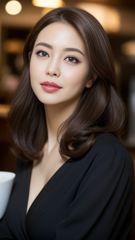 ((Angelina Sole)),((highest quality, 8K, masterpiece : 1.3)), sharp focus : 1.2, beautiful woman with perfect figure : 1.4, slim abs : 1.2, ((long dark brown hair : 1.3)), (Natural light, city street : 1.1), Highly detailed face and skin texture, fine eyes, double eyelid、((professional makeup:1.3))、((sexy milf:1.3))、thick lips、lip gloss、eye make up、Downcast eyes、black dress、sitting、Inside a dimly lit cafe、