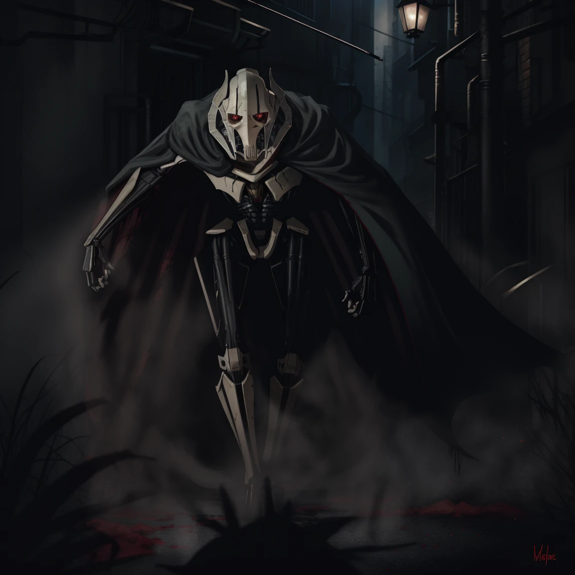 General Grievous, black cape, terrifying, tall, shadows, shading, slender, horrifying pose, dark alley, bloody, dark, looking at you, horror, blood on body, red stains, horrific, disturbing