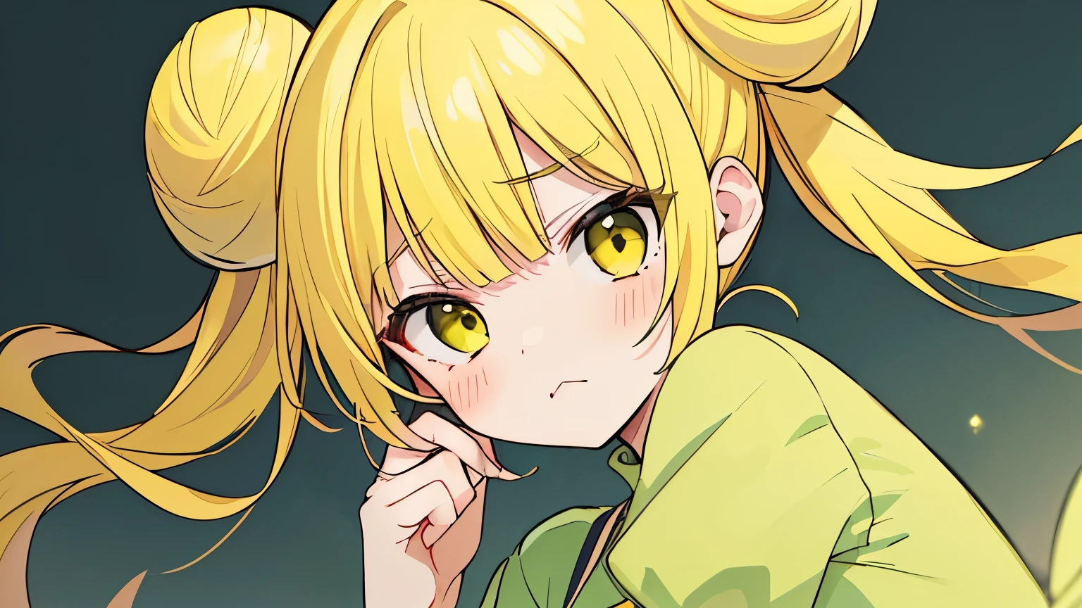 High resolution, (anime style etc.:1.1), ((muste piece)), ((best quality)), (Super detailed), (Beautiful),pretty face、(lift up),pretty girl、(((twin tails、bun hair、yellow hair、)))(()Infidelity rotten、moody face)((elegant green dress))