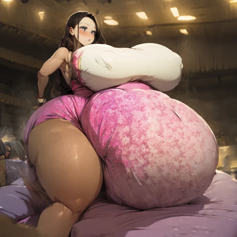 Amazing woman, long brown hair, wearing glasses, laying in my bed, bent over, squishing her belly head tilted back, eyes closed tight, shouting orgasm, enormous breasts, wide hips, huge ass, white bra, huge inflated bloated diaper