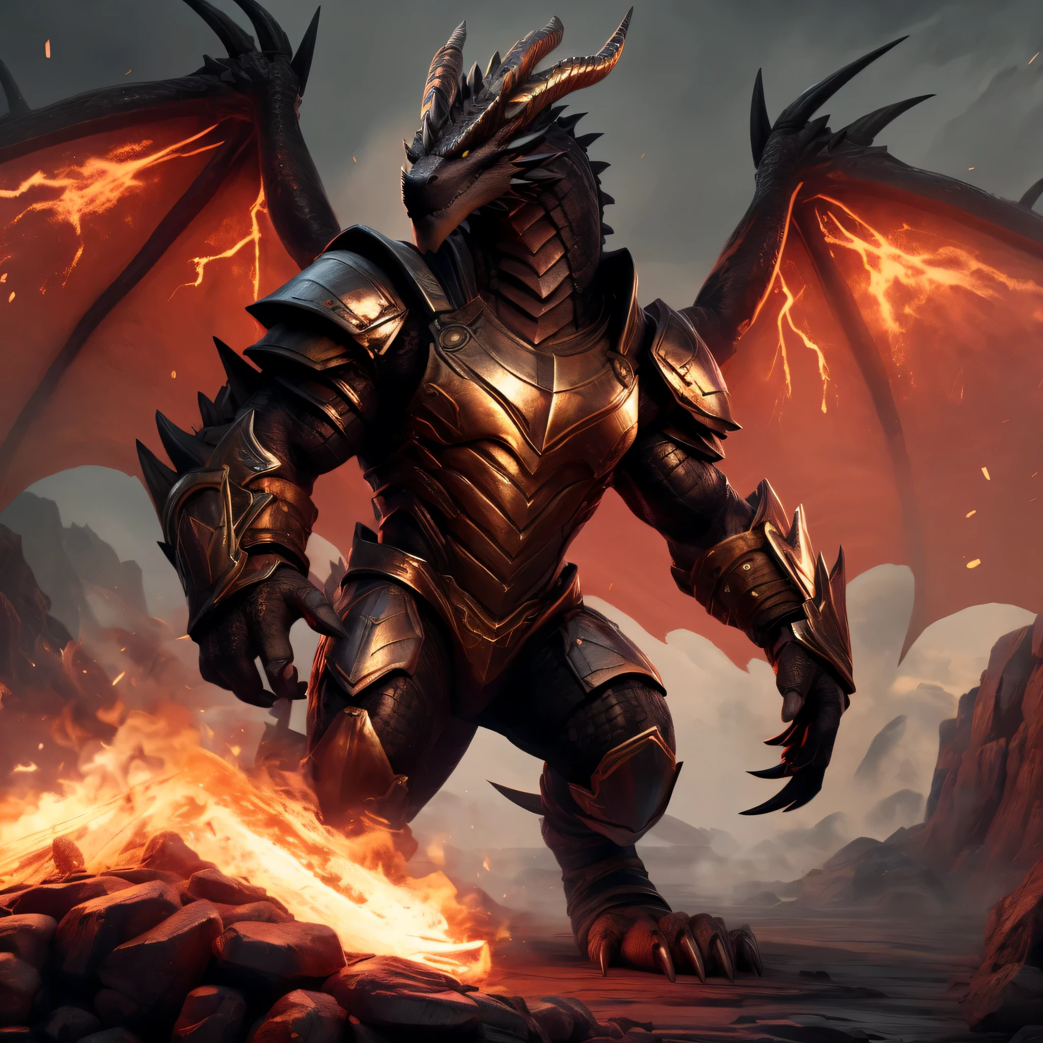 A 8 foot tall anthropomorphic and bipedal dragon with pure black scales and is well muscled and his eye color is fiery orange and he has large wings and is wearing battle armor and he has large swept back horns you would not think he is demon but then notice the lines between his scales glow like hot embers of fire