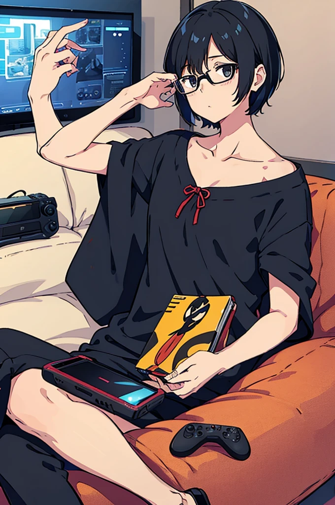 Short shawl hair，Black Hair Color，girl，flat chest，happy，cute，Glasses，Boy outfit，Young age，Play game console on the couch