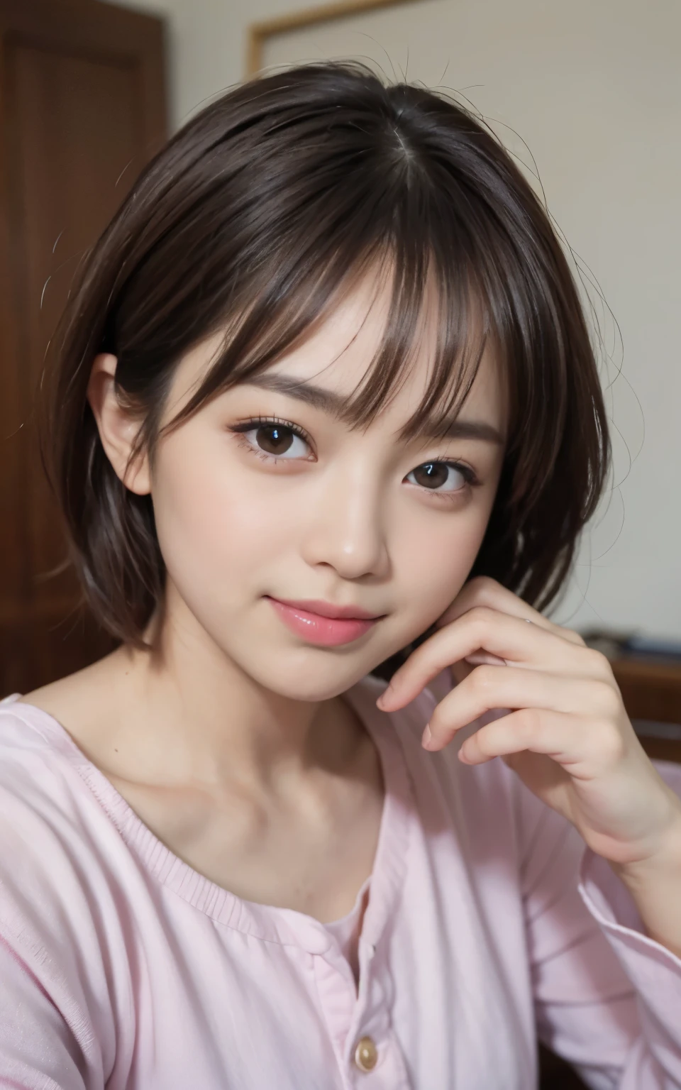 cute 21 year old japanese、super detail face、pay attention to details、double eyelid、beautiful thin nose、sharp focus:1.2、Beautiful woman:1.4、(light brown hair,short cut hair, white skin、highest quality、bright、masterpiece、ultra high resolution、(realistic:1.4)、Bedroom、on the bed、Cute Pajamas、best smile、Show the whole body、